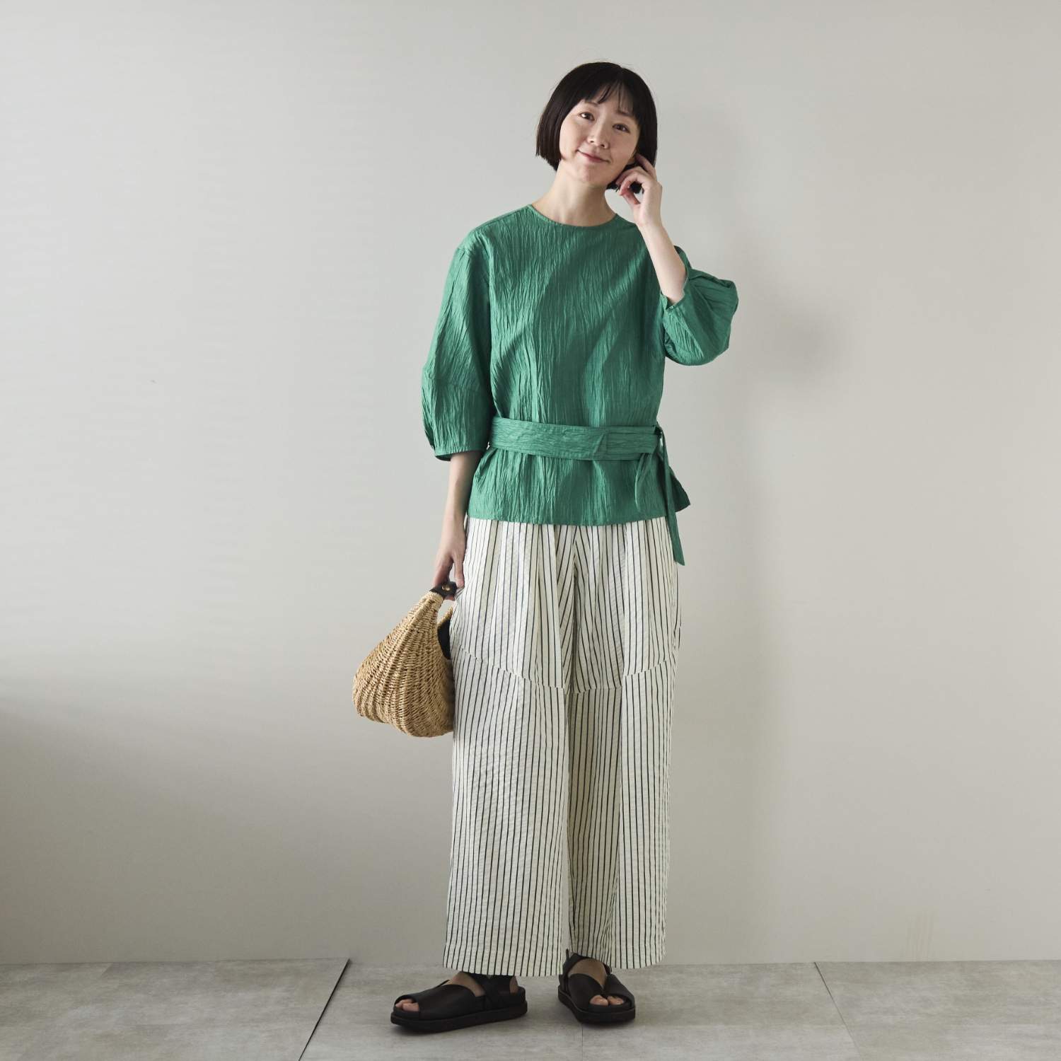 Kilka/風が通るストライプのカーブパンツ